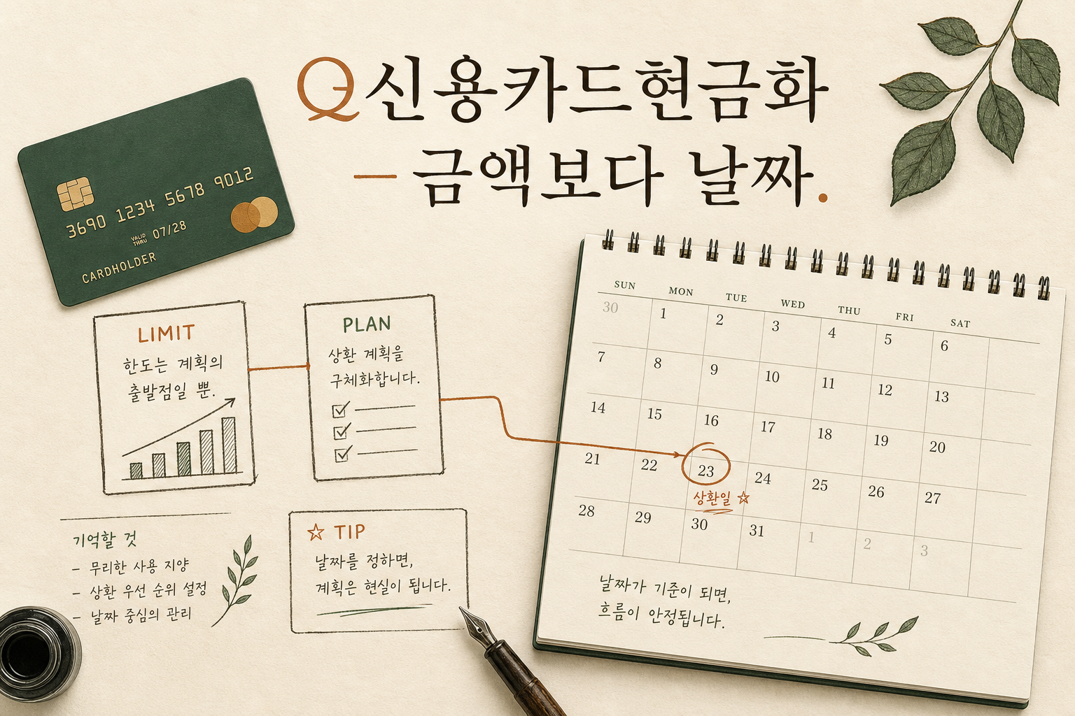 신용카드현금화 — 금액보다 날짜. 카드와 달력이 놓인 히어로 이미지